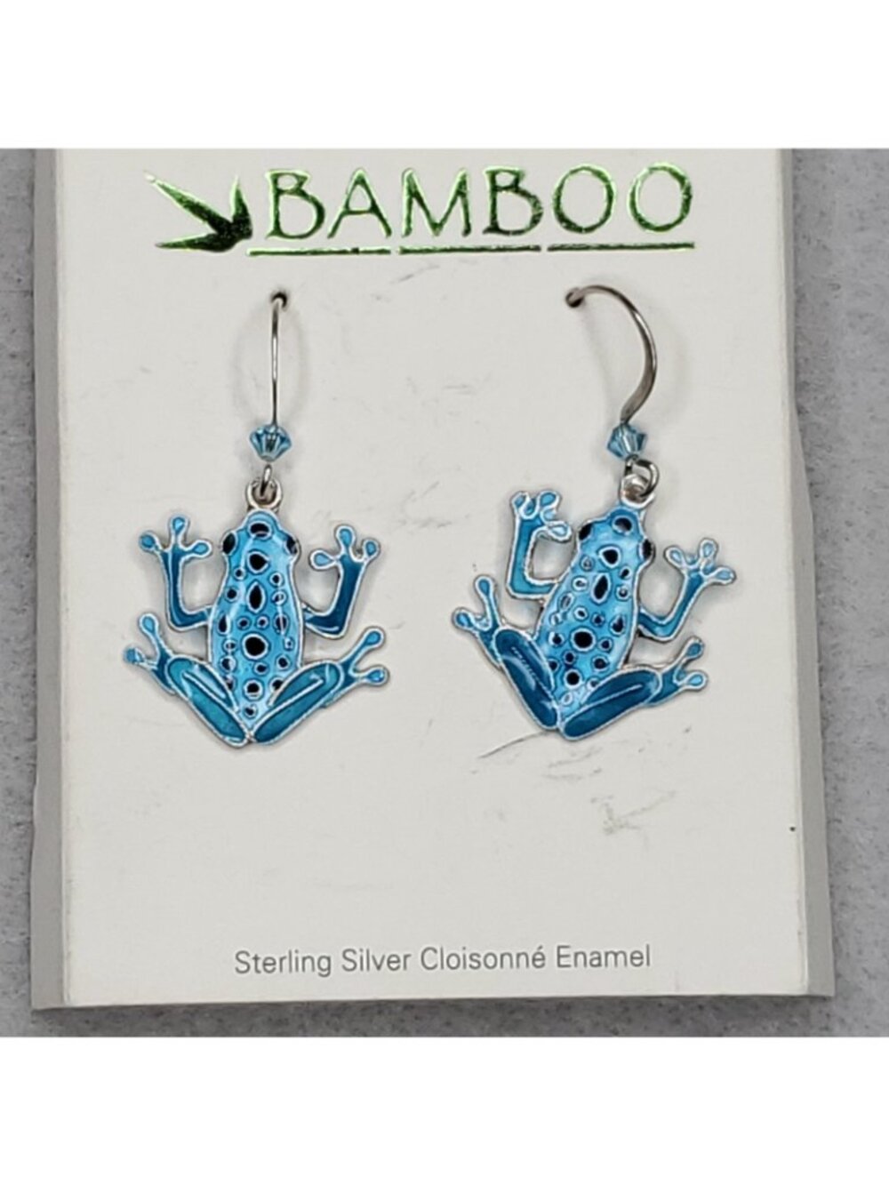 Sterling Silver Cloisonne Frog Earrings Dangle Blue Spotted 3/4" Bamboo Brand - Picture 5 of 7